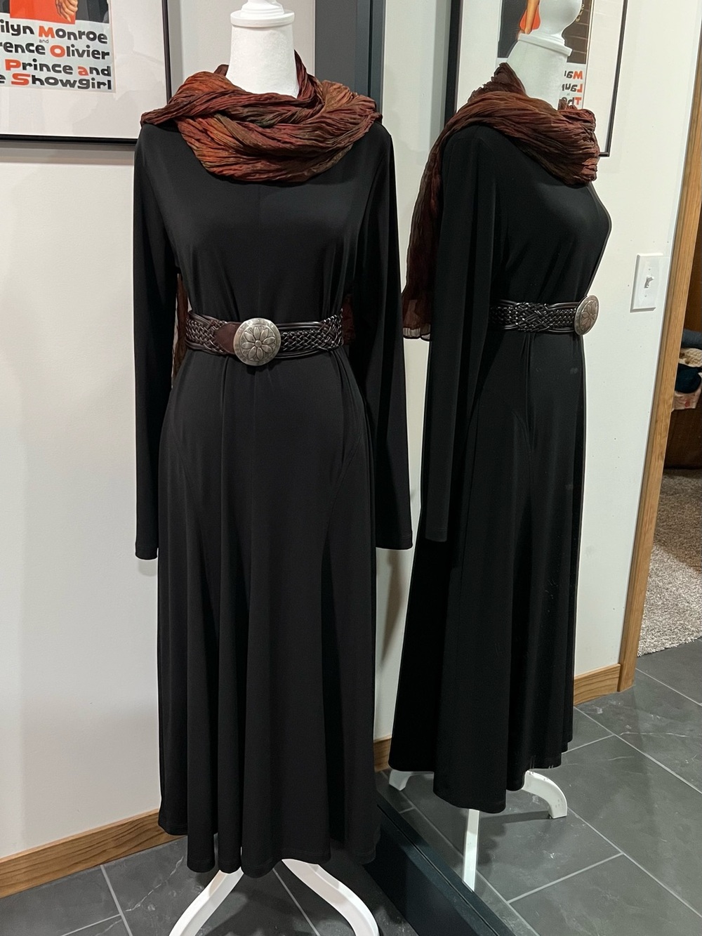 Karen Kane Long Sleeve Black Maxi Dress Made in USA (Scarf & Belt Not Included)